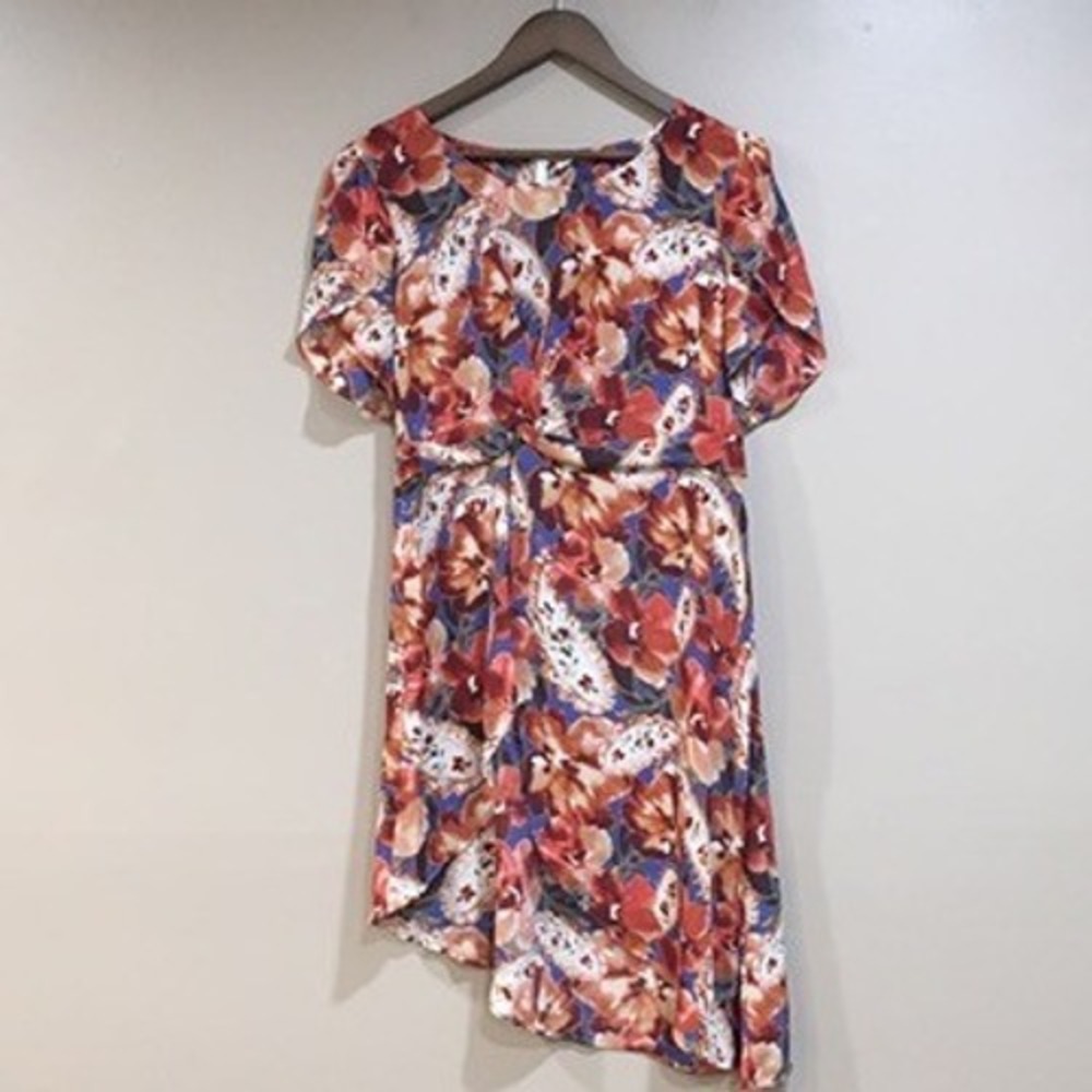 Floral Asymmetrical Faux Wrap Dress Womens L Orange Fairy Resort Boho Artsy